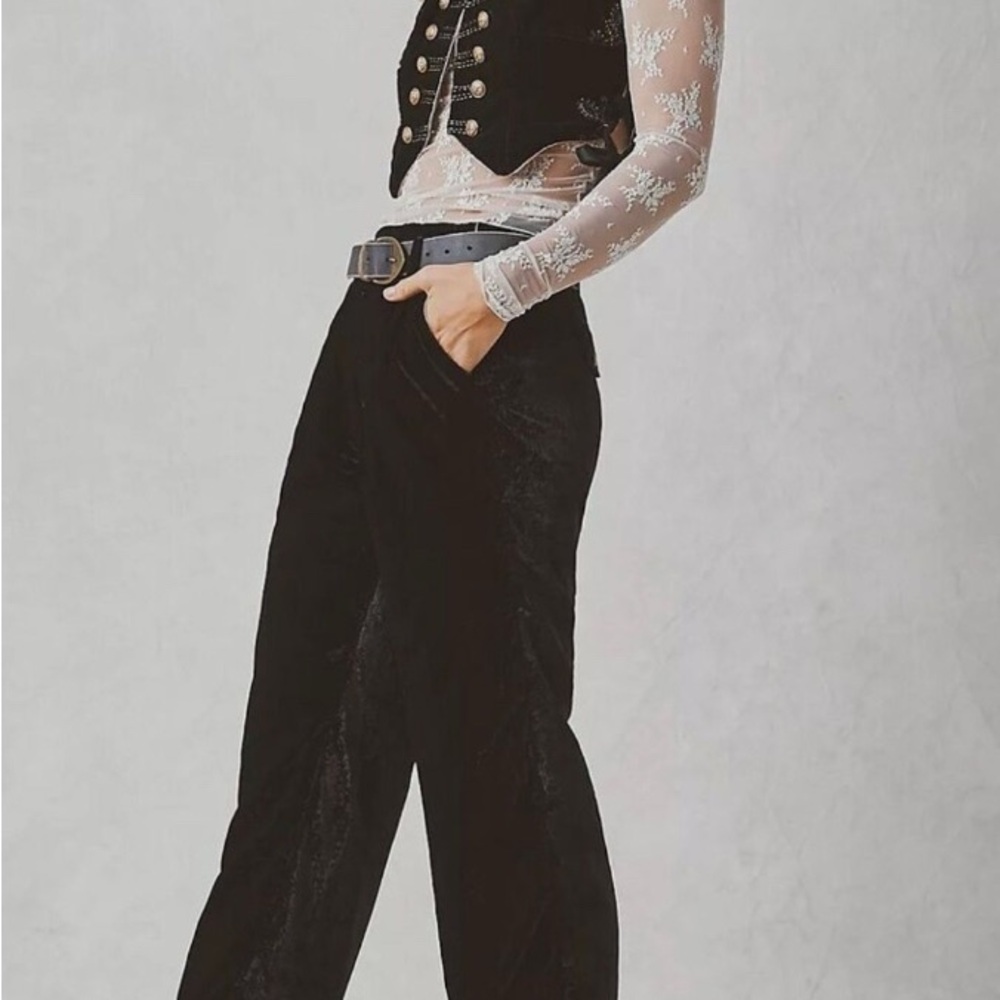 Free People Sign Of The Times Vest Suit Set Velvet Embroider Lace Up Black 0 NWT